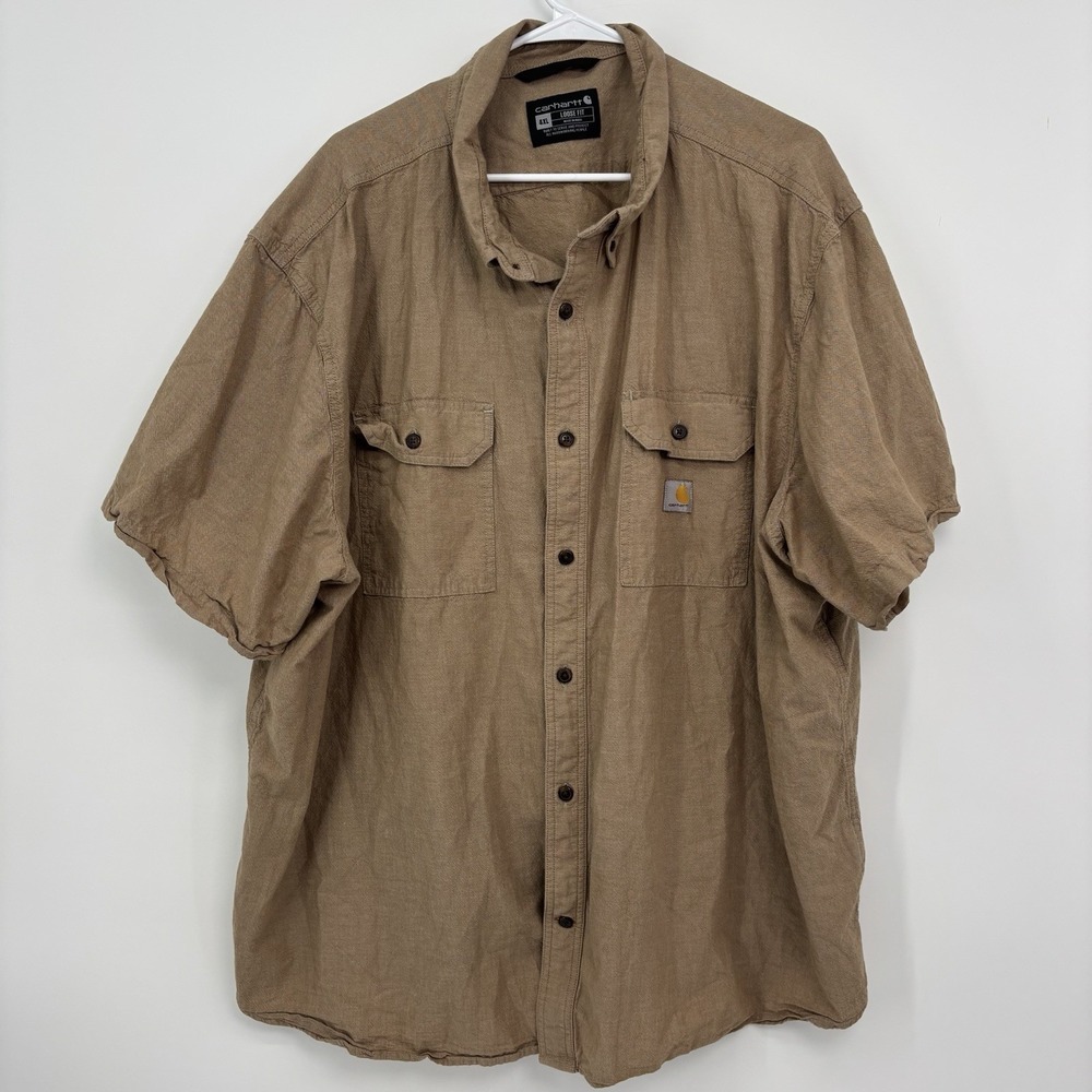 Carhartt Short Sleeve Button Down Shirt Loose Fit Men's 4XL Tan Casual Cotton